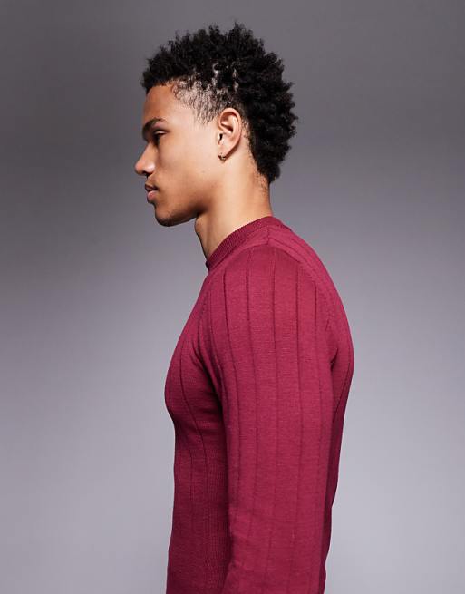 ASOS DESIGN Muscle Fit Long Sleeve Knitted Rib T-shirt In Burgundy