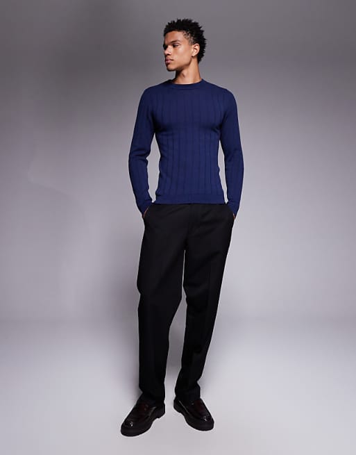 ASOS DESIGN Muscle Fit Long Sleeve Knitted Rib T-shirt In Navy