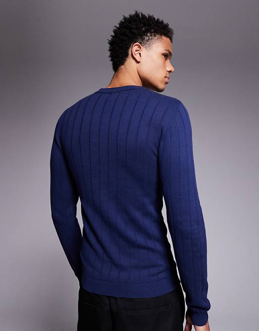 ASOS DESIGN Muscle Fit Long Sleeve Knitted Rib T-shirt In Navy