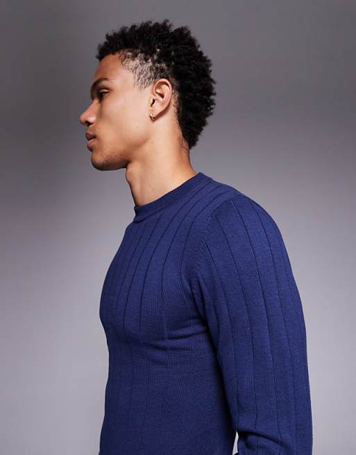 ASOS DESIGN Muscle Fit Long Sleeve Knitted Rib T-shirt In Navy