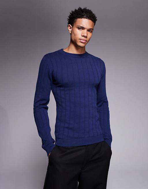 ASOS DESIGN muscle fit long sleeve knitted rib t-shirt in navy