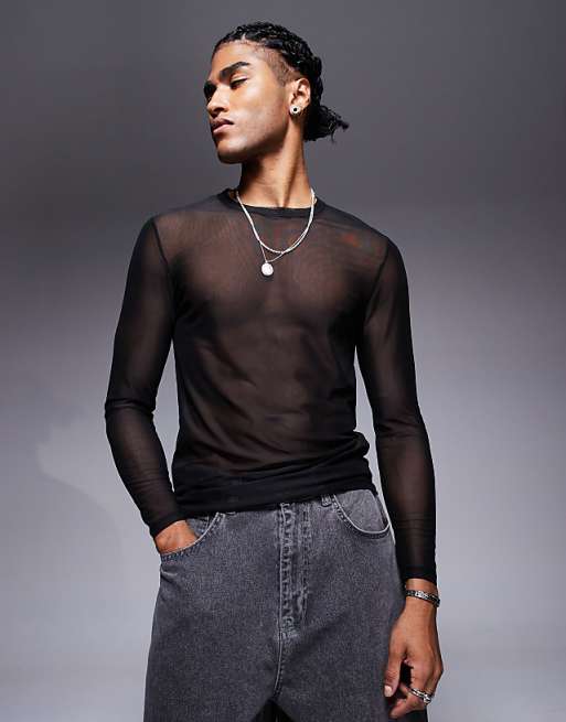 ASOS DESIGN muscle fit long sleeve t-shirt in black mesh