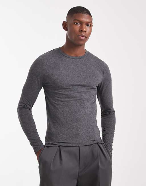 ASOS DESIGN muscle fit long sleeve t-shirt in charcoal