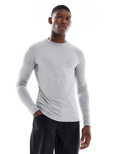 ASOS DESIGN muscle fit long sleeve t-shirt in light grey