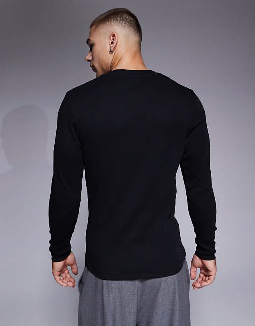 ASOS DESIGN Muscle Fit Long Sleeve T-shirt With Henley Neck In Black Rib