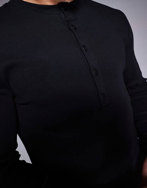 ASOS DESIGN Muscle Fit Long Sleeve T-shirt With Henley Neck In Black Rib