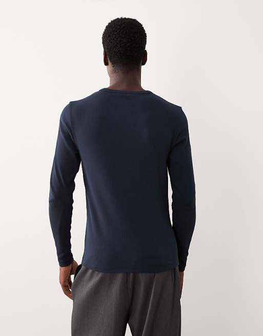 ASOS DESIGN Muscle Fit Long Sleeve T-shirt With Henley Neck In Navy Rib