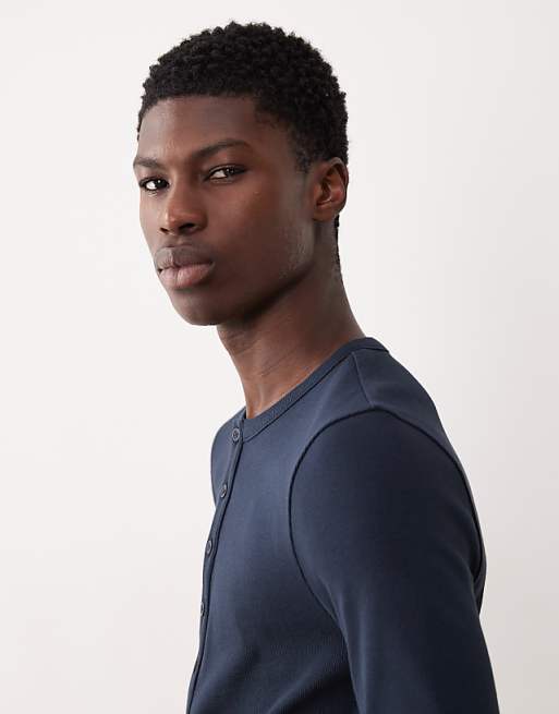 ASOS DESIGN Muscle Fit Long Sleeve T-shirt With Henley Neck In Navy Rib