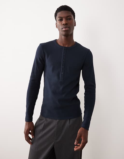 ASOS DESIGN muscle fit long sleeve t-shirt with henley neck in navy rib