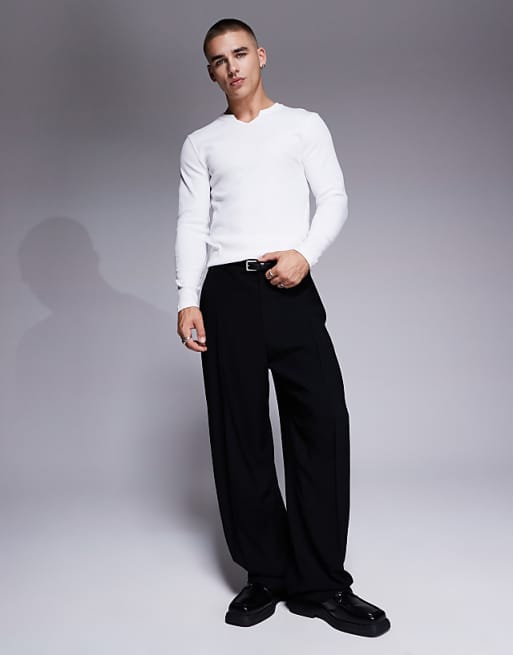 ASOS DESIGN Muscle Fit Long Sleeve T-shirt With Notch Neck In White Rib