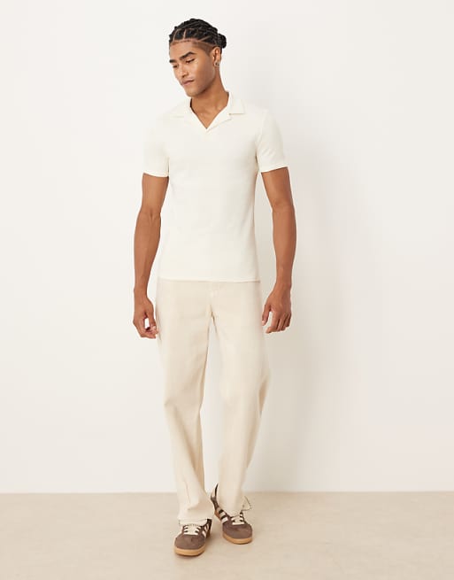 ASOS DESIGN Muscle Fit Polo With Revere Neck In Cream Rib