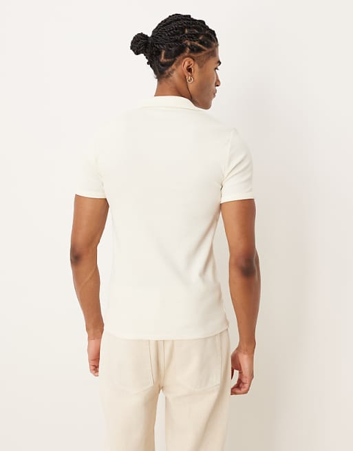 ASOS DESIGN Muscle Fit Polo With Revere Neck In Cream Rib