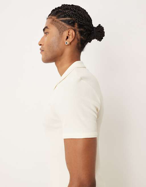 ASOS DESIGN Muscle Fit Polo With Revere Neck In Cream Rib