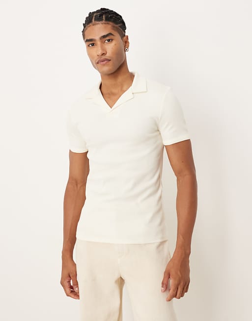 ASOS DESIGN muscle fit polo with revere neck in cream rib