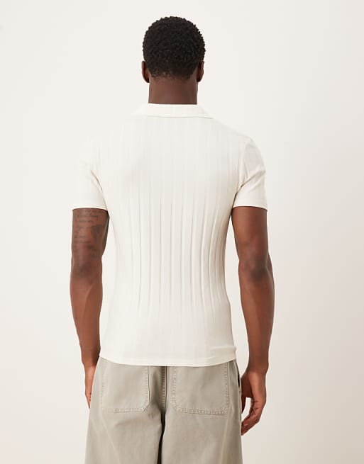 ASOS DESIGN Muscle Fit Revere Polo In Cream Wide Rib