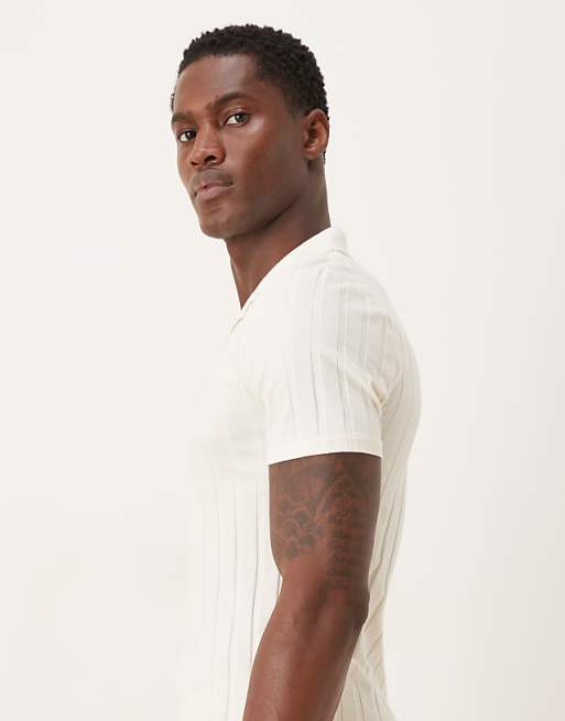 ASOS DESIGN Muscle Fit Revere Polo In Cream Wide Rib