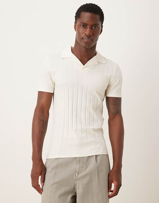 ASOS DESIGN muscle fit revere polo in cream wide rib