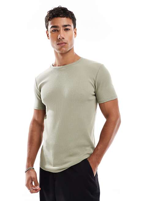 ASOS DESIGN muscle fit t-shirt in khaki rib