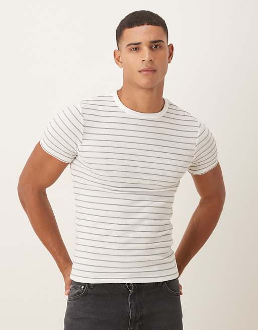ASOS DESIGN muscle fit t-shirt in white and brown stripe