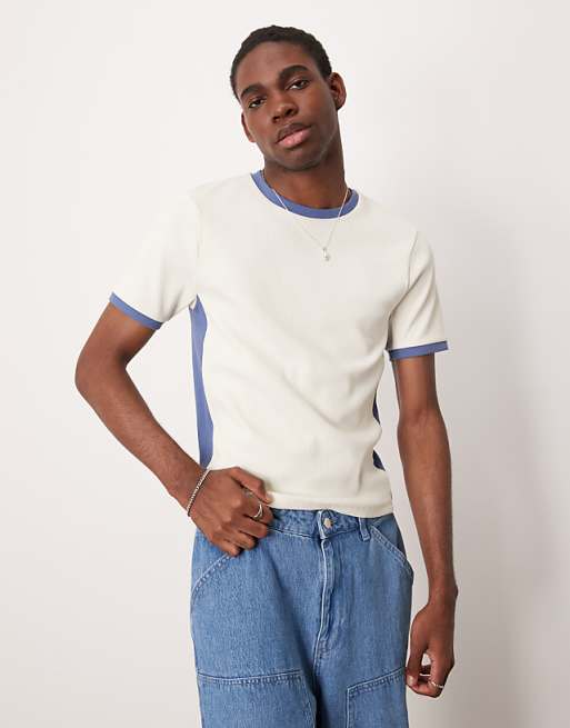 ASOS DESIGN Muscle Fit T-shirt With Contrast Side Panels In Beige Rib