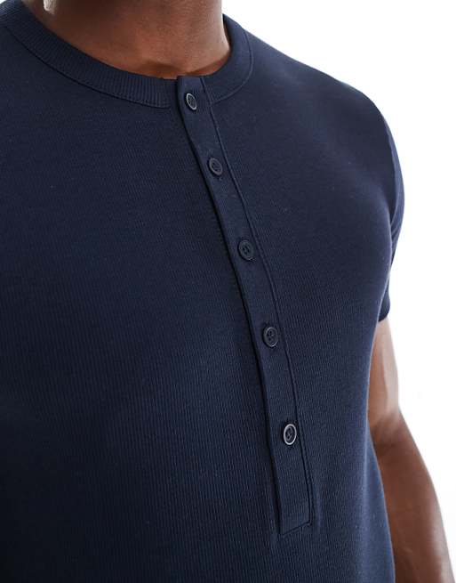 ASOS DESIGN Muscle Fit T-shirt With Henley Neck In Navy Rib