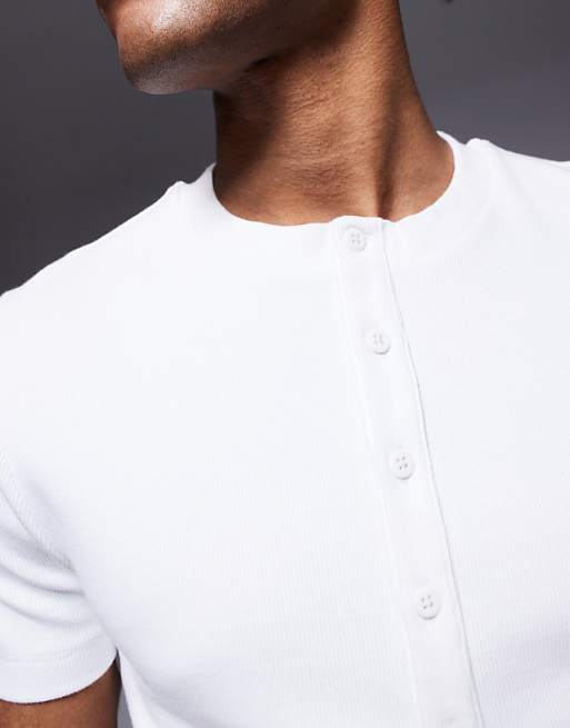 ASOS DESIGN Muscle Fit T-shirt With Henley Neck In White Rib