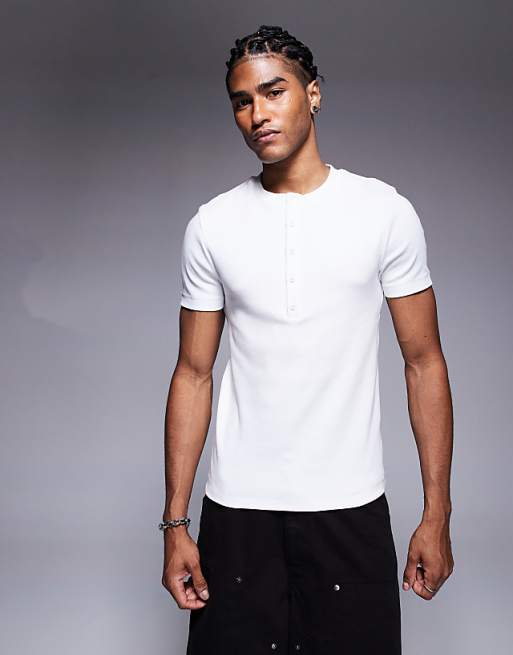 ASOS DESIGN muscle fit t-shirt with henley neck in white rib