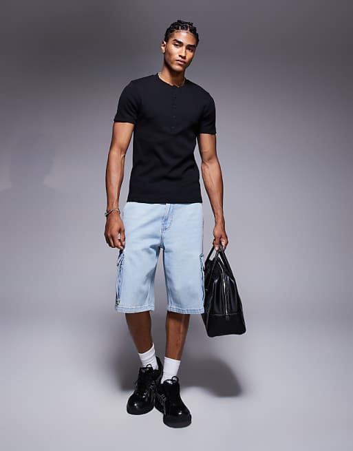 ASOS DESIGN Muscle Fit T-shirt With Henley Neck In Black Rib