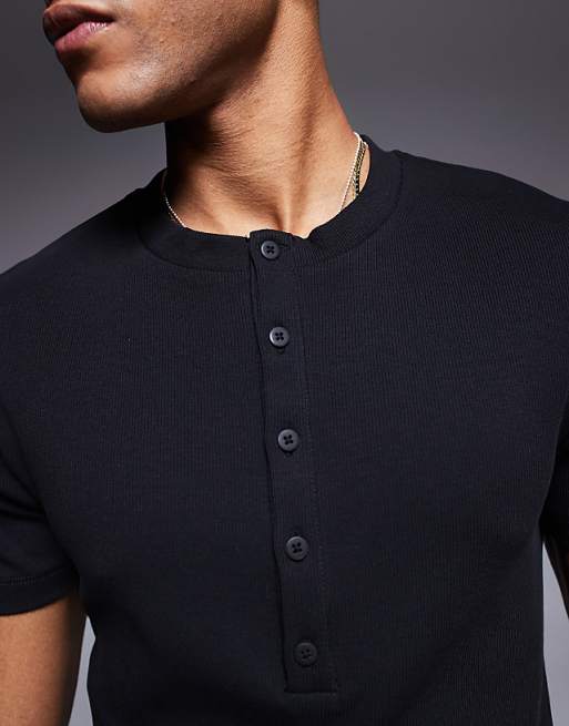 ASOS DESIGN Muscle Fit T-shirt With Henley Neck In Black Rib