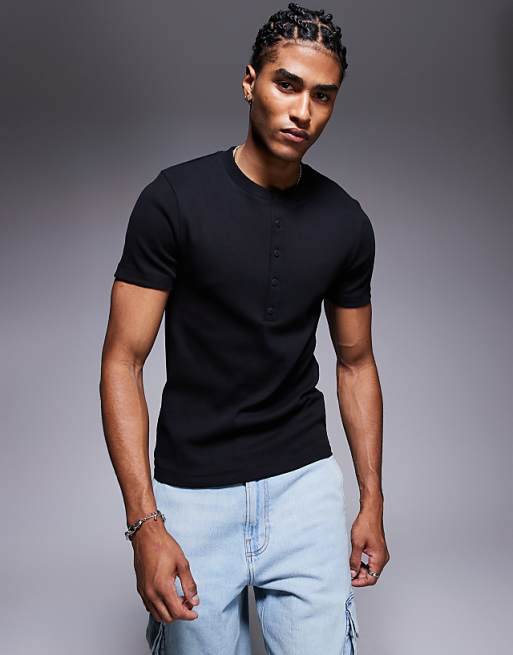 ASOS DESIGN muscle fit t-shirt with henley neck in black rib