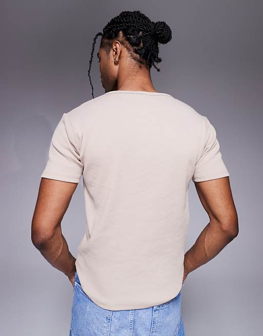 ASOS DESIGN Muscle Fit T-shirt With Henley Neck In Beige Rib