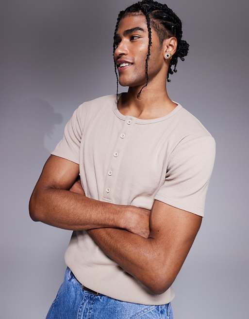 ASOS DESIGN muscle fit t-shirt with henley neck in beige rib