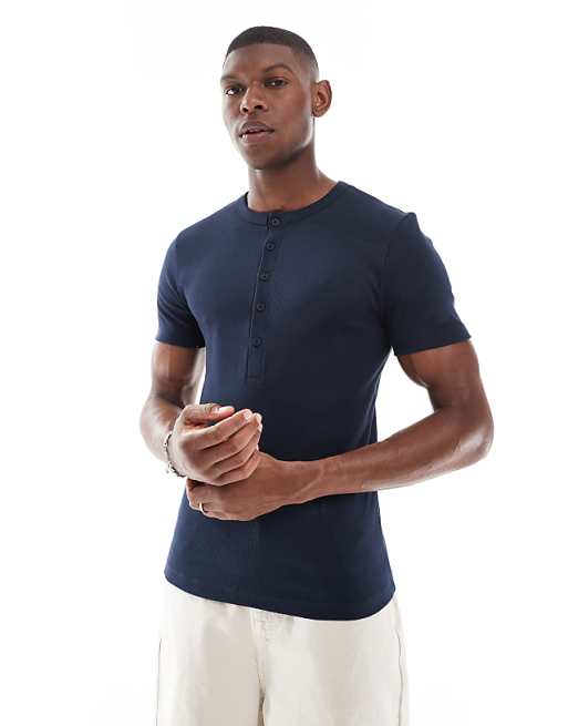 ASOS DESIGN muscle fit t-shirt with henley neck in navy rib