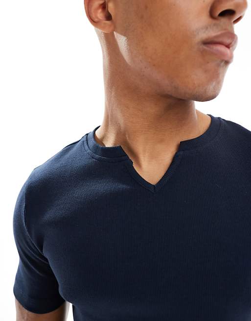 ASOS DESIGN Muscle Fit T-shirt With Notch Neck In Navy Rib