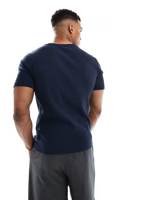 ASOS DESIGN Muscle Fit T-shirt With Notch Neck In Navy Rib