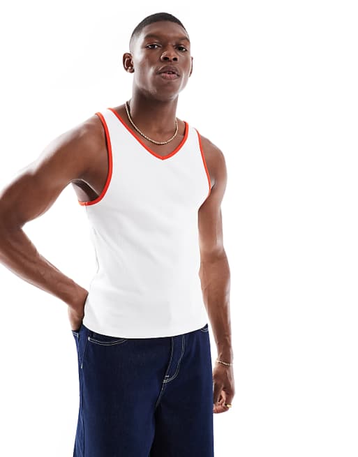 ASOS DESIGN Muscle Fit Vest With Contrast Binding In White Rib