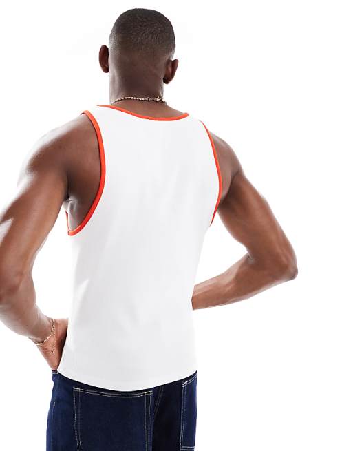ASOS DESIGN Muscle Fit Vest With Contrast Binding In White Rib