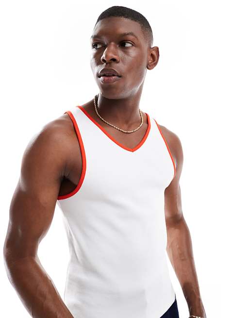 ASOS DESIGN muscle fit vest with contrast binding in white rib