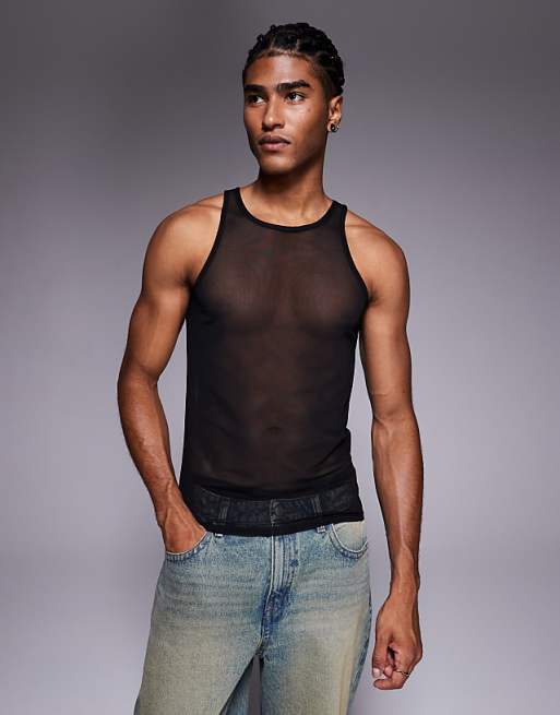 ASOS DESIGN muscle fit vest with high scoop neck in black mesh