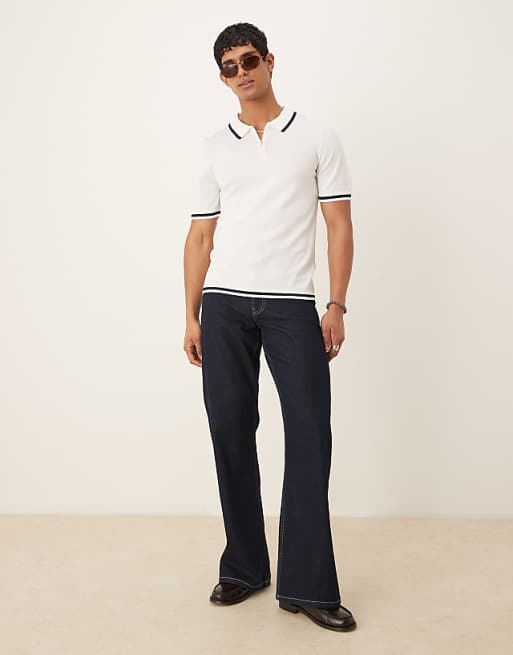 ASOS DESIGN Muscle Fit Zip Premium Knitted Polo With Tipping In Off White
