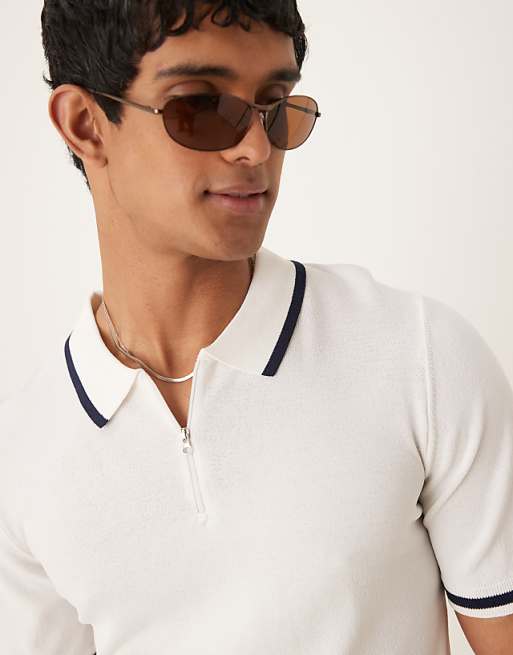 ASOS DESIGN Muscle Fit Zip Premium Knitted Polo With Tipping In Off White