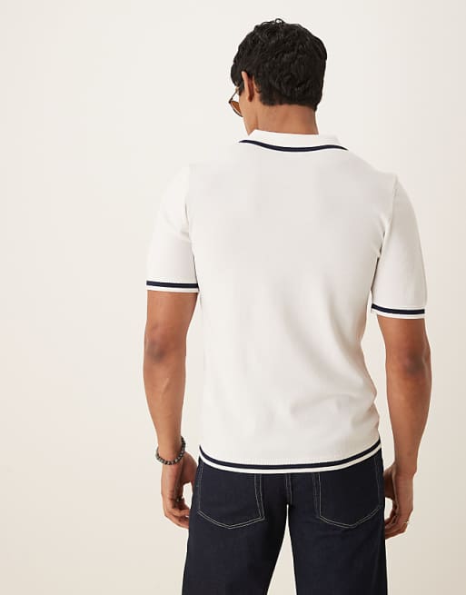 ASOS DESIGN Muscle Fit Zip Premium Knitted Polo With Tipping In Off White