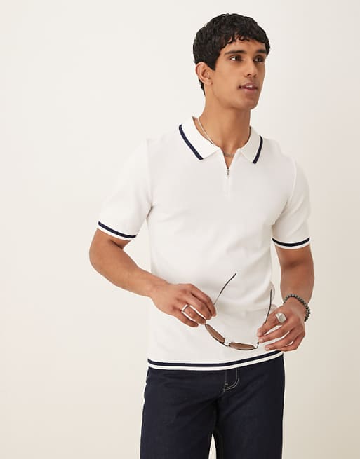 ASOS DESIGN muscle fit zip premium knitted polo with tipping in off white