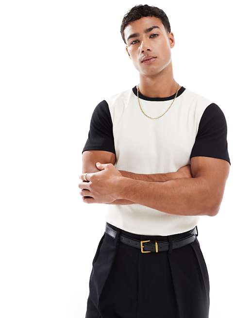 ASOS DESIGN muscle t-shirt with contrast sleeves in cream rib