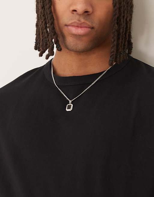 ASOS DESIGN necklace with square black stone pendant in silver tone