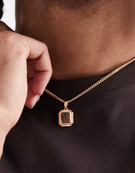 ASOS DESIGN Necklace With Square Semi-precious Tigers Eye Stone Pendant In Gold Tone - GOLD
