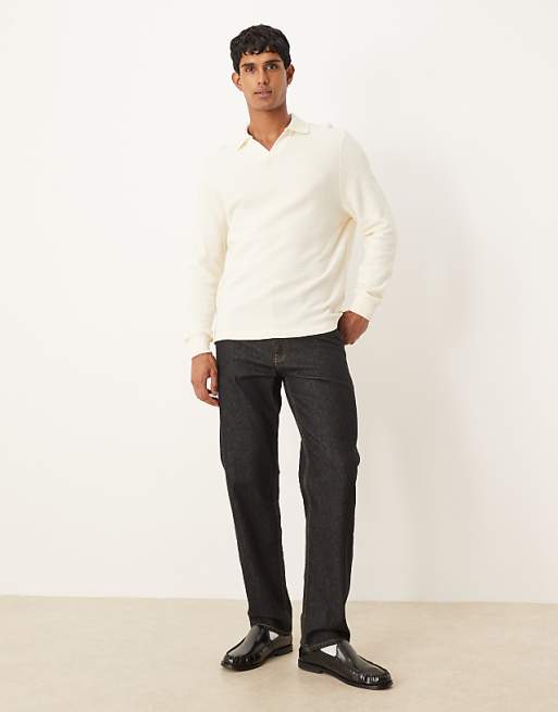 ASOS DESIGN Notch Neck Polo In Ribbed Texture Ecru