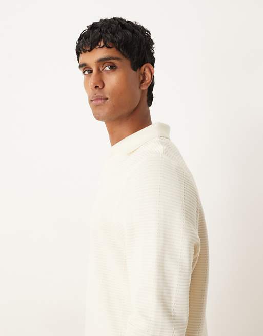 ASOS DESIGN Notch Neck Polo In Ribbed Texture Ecru