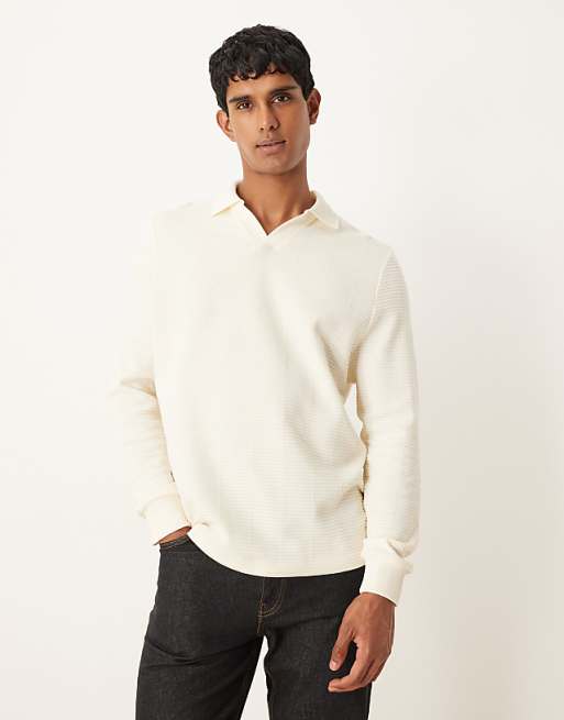 ASOS DESIGN notch neck polo in ribbed texture ecru