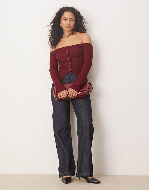 ASOS DESIGN Off Shoulder Cardigan In Burgundy